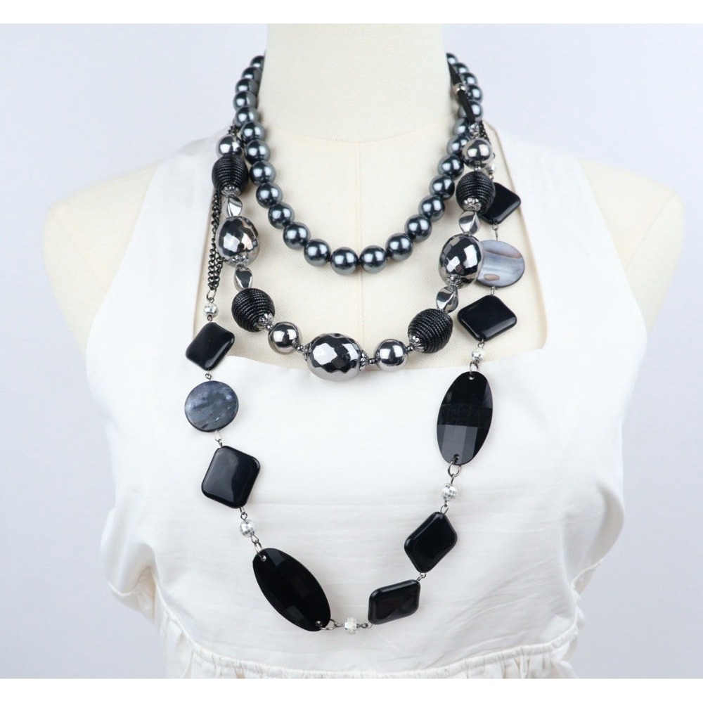 Multi Strand Layering Necklaces (3) Black Silver Chunky Beaded Bold Statement